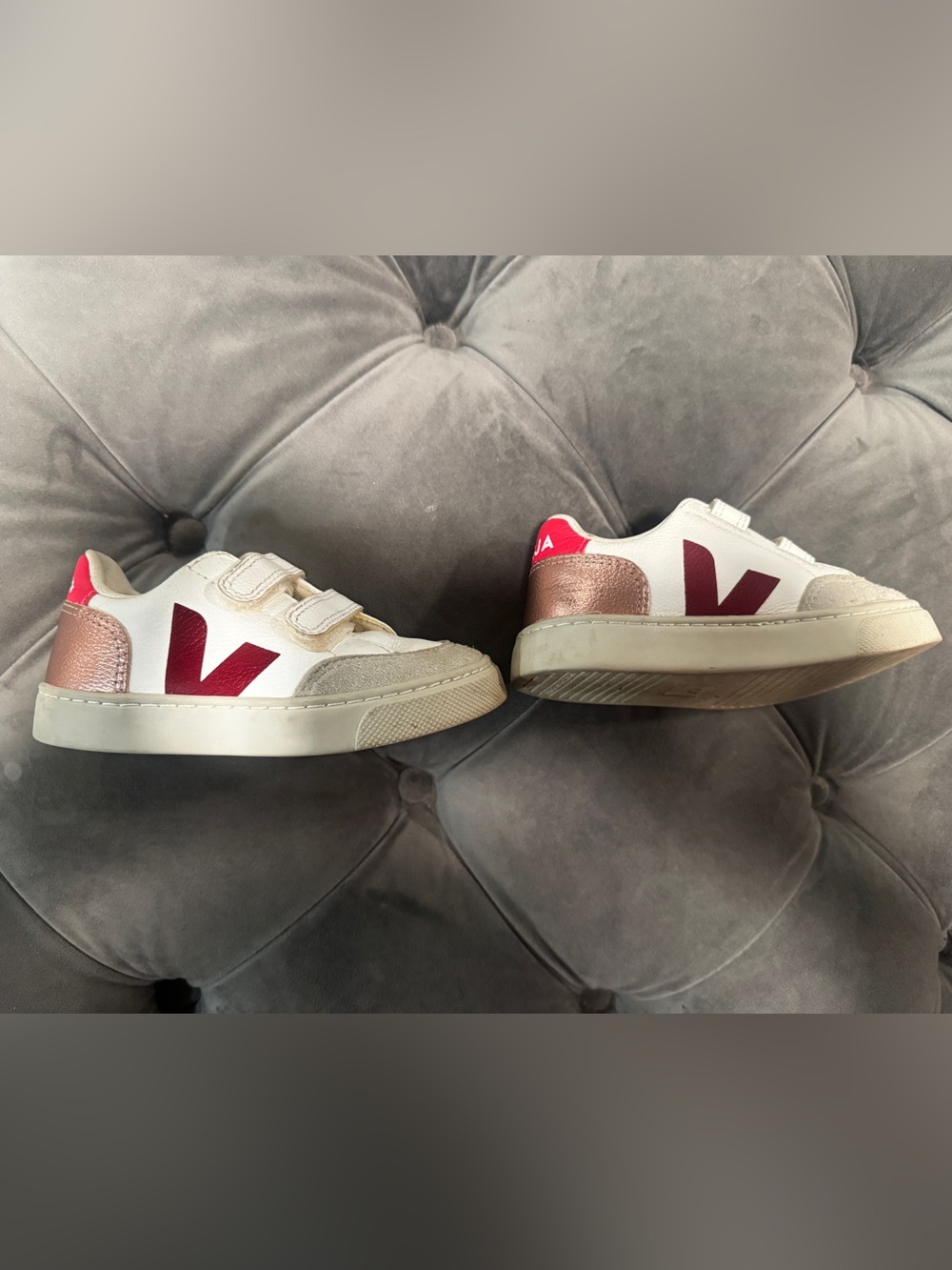 Veja Kids White Sneakers with Red V and Rose Gold Heel Accent
